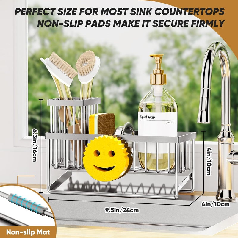Taugast Sponge Holder for Kitchen Sink,Smiley Face Sink Caddy with Removable Brush Holder,Self-Draining Sponge Caddy for Soap,Dish Brush,Scrubber,Kitchen Essentials and Gadgets-Silver - Image 2
